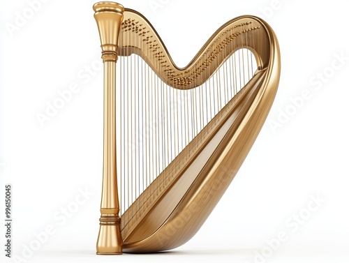 A beautiful wooden harp with golden strings, illuminated by soft stage lighting isolated on white background.