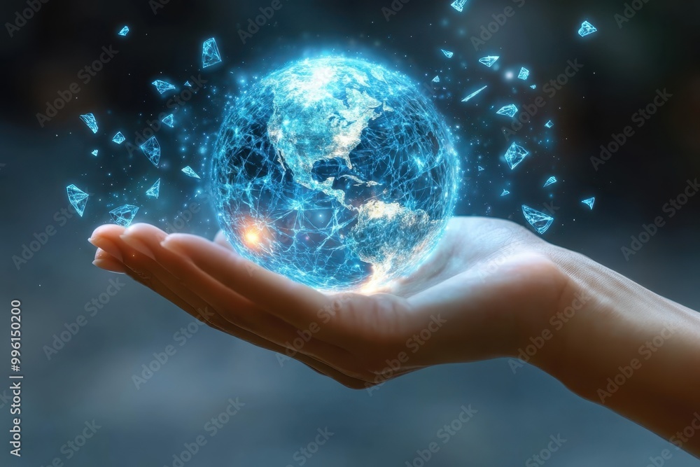 A hand holding a hologram of item symbolizing the destruction of connections and relationships due to extremism A hand holding a hologram of item symbolizing the destruction of connections and relationships due to extremism