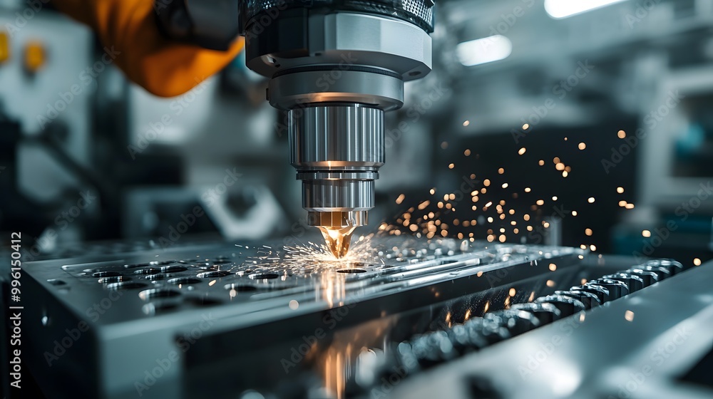 A close-up of a drilling machine in action, showcasing sparks and precision on a metal workpiece in an industrial environment. A close-up of a drilling machine in action, showcasing sparks and precision on a metal workpiece in an industrial environment.