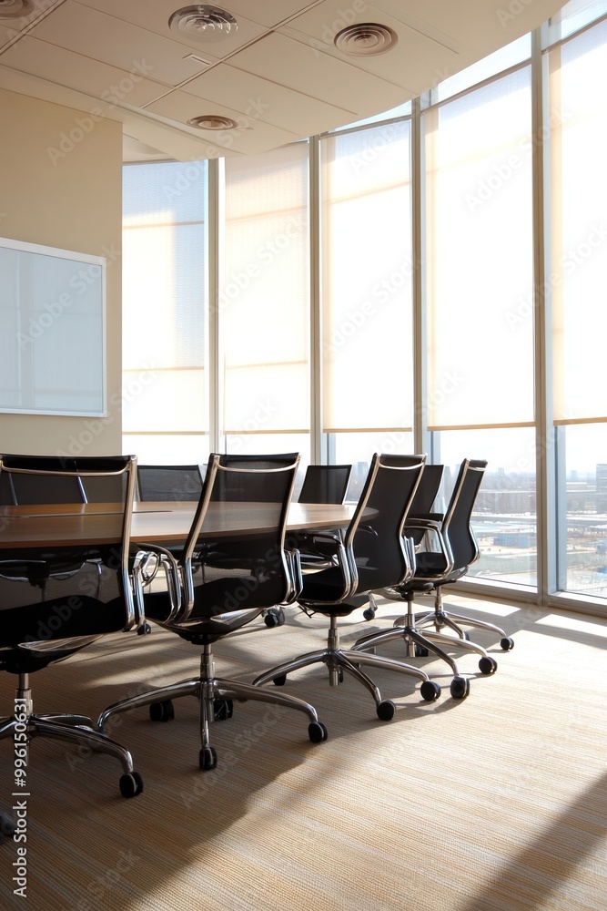A modern conference room with large windows and sleek chairs, designed for business meetings.