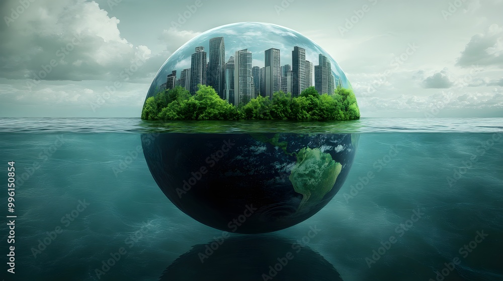 Surreal Cityscape Half Submerged in Water Surreal Cityscape Half Submerged in Water