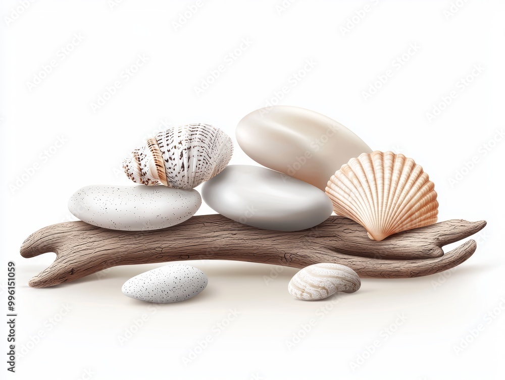 A collection of seashells and smooth stones arranged on a driftwood table near the beach isolated on white background. A collection of seashells and smooth stones arranged on a driftwood table near the beach isolated on white background.