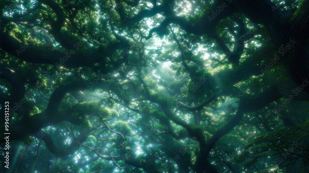 Sunlit enchanted forest canopy with twisting branches and lush green foliage Sunlit enchanted forest canopy with twisting branches and lush green foliage