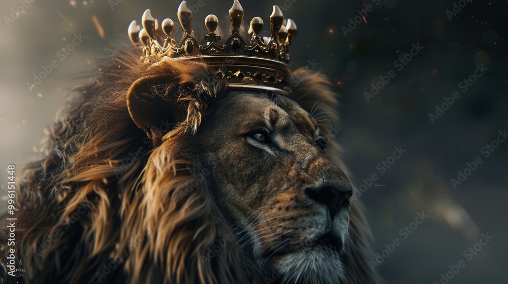 This is a closeup photograph of a lion wearing an ornate crown This is a closeup photograph of a lion wearing an ornate crown