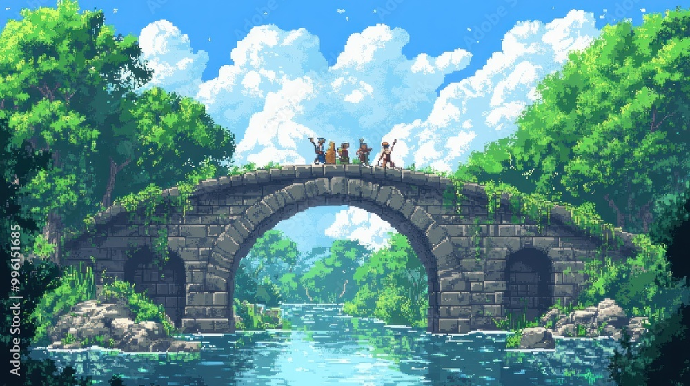 Fototapeta premium Pixelated Fantasy Landscape with Stone Bridge and Characters