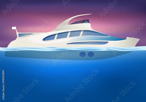Dessin original d’un yacht de plaisance, présentant le profil d’un prototype de bateau à moteur flottant sur la mer.