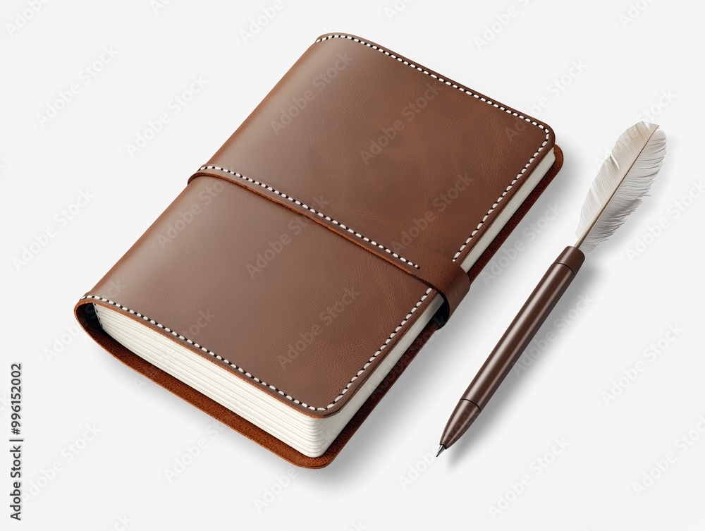 A hand-stitched leather journal, its pages filled with sketches and notes, resting beside a quill pen isolated on white background. A hand-stitched leather journal, its pages filled with sketches and notes, resting beside a quill pen isolated on white background.