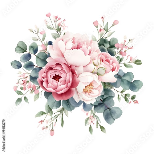 Watercolor floral bouquet, featuring peonies and roses, with eucalyptus leaves, in a white color palette, 