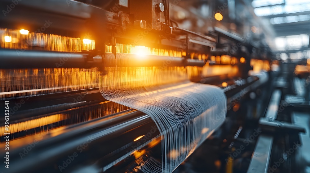 A close-up of a manufacturing process showcasing a textile machine, with glowing lights and threads being processed in a factory setting. A close-up of a manufacturing process showcasing a textile machine, with glowing lights and threads being processed in a factory setting.
