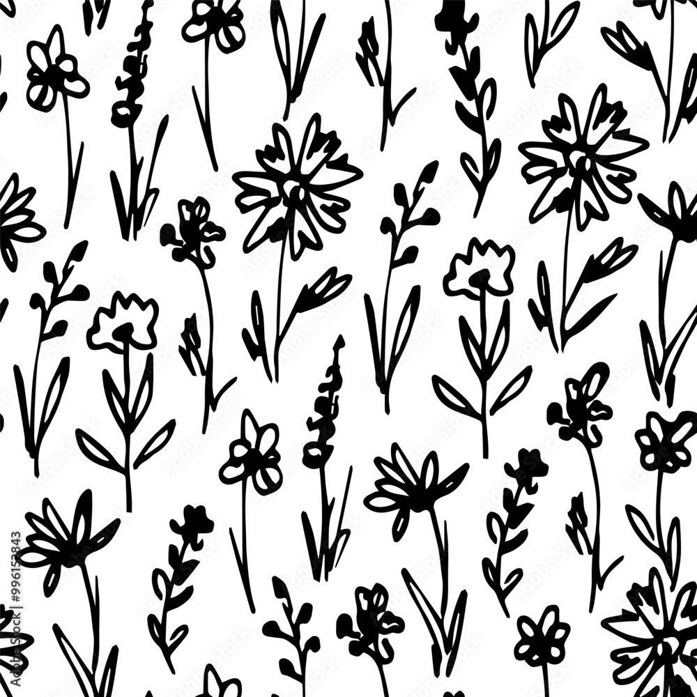 Simple hand drawn vector floral seamless pattern. Wildflowers, meadow grass, nature. Black and white background. For fabric prints, wrapping paper. Simple hand drawn vector floral seamless pattern. Wildflowers, meadow grass, nature. Black and white background. For fabric prints, wrapping paper.