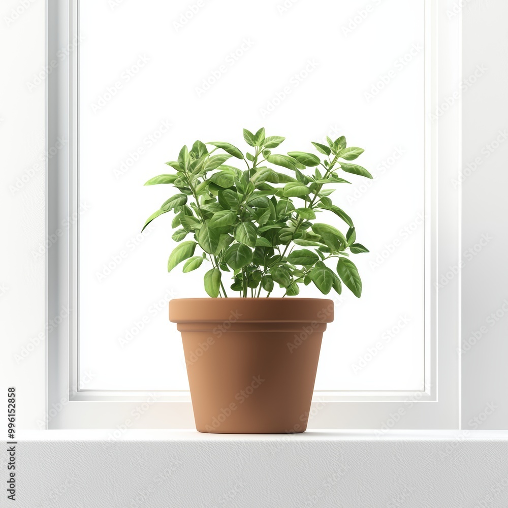 A rustic clay pot filled with fresh herbs, sitting on a windowsill bathed in sunlight isolated on white background. A rustic clay pot filled with fresh herbs, sitting on a windowsill bathed in sunlight isolated on white background.