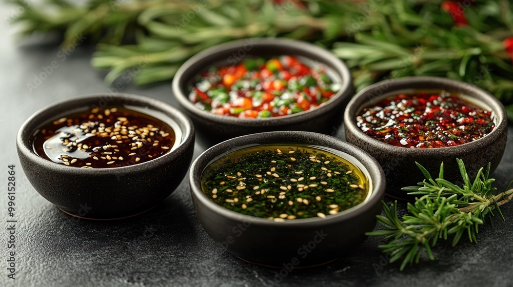Four beautifully arranged dipping sauces showcase vibrant colors and flavors Four beautifully arranged dipping sauces showcase vibrant colors and flavors