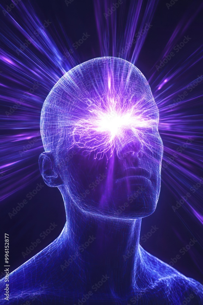 A glowing, ethereal representation of a human head with radiant energy emanating from the forehead.