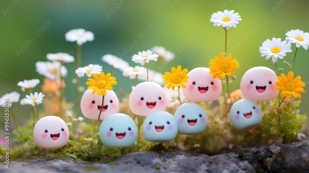 Easter egg with smiley face and daisy flower in garden Easter egg with smiley face and daisy flower in garden