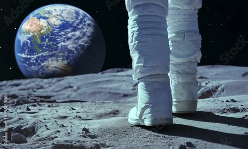 Astronaut walking on the moon with Earth in the background.
