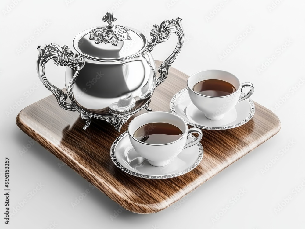 A silver tea set with ornate designs, displayed on a polished wooden table isolated on white background. A silver tea set with ornate designs, displayed on a polished wooden table isolated on white background.