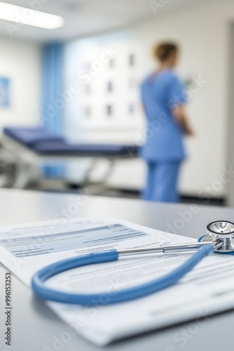 A medical setting featuring a stethoscope and documents, with a healthcare professional in the background.