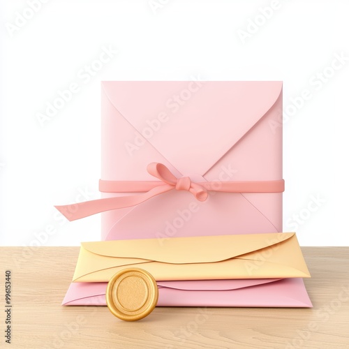 A stack of colorful envelopes tied with ribbon, sitting on a wooden desk next to a wax seal isolated on white background. photo