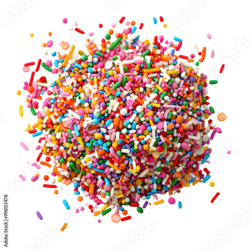 Sweet colorful Sprinkles pile top view isolated on transparent background