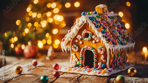 Handcrafted Gingerbread House Adorned with Festive Candies Against a Warm Christmas Light Bokeh Background.