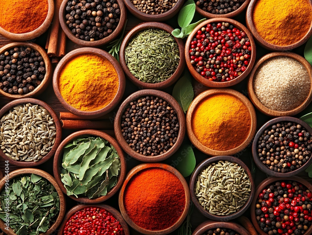 Colorful array of spices and herbs in small wooden bowls on table
Colorful array of spices and herbs in small wooden bowls on table