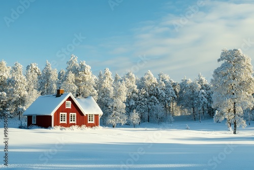 Red cabin in snowy winter forest. Perfect for projects requiring a cozy, wintery feel.