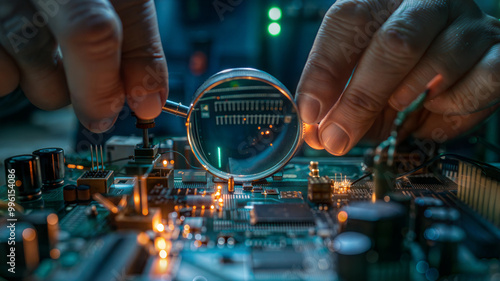 Closeup of hands inspecting electronic circuit board with magnifying glass photo