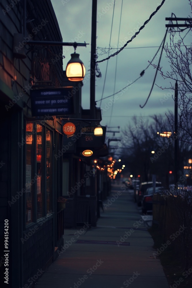 Fototapeta premium A dimly lit street with hanging lights and a quiet atmosphere in the evening.