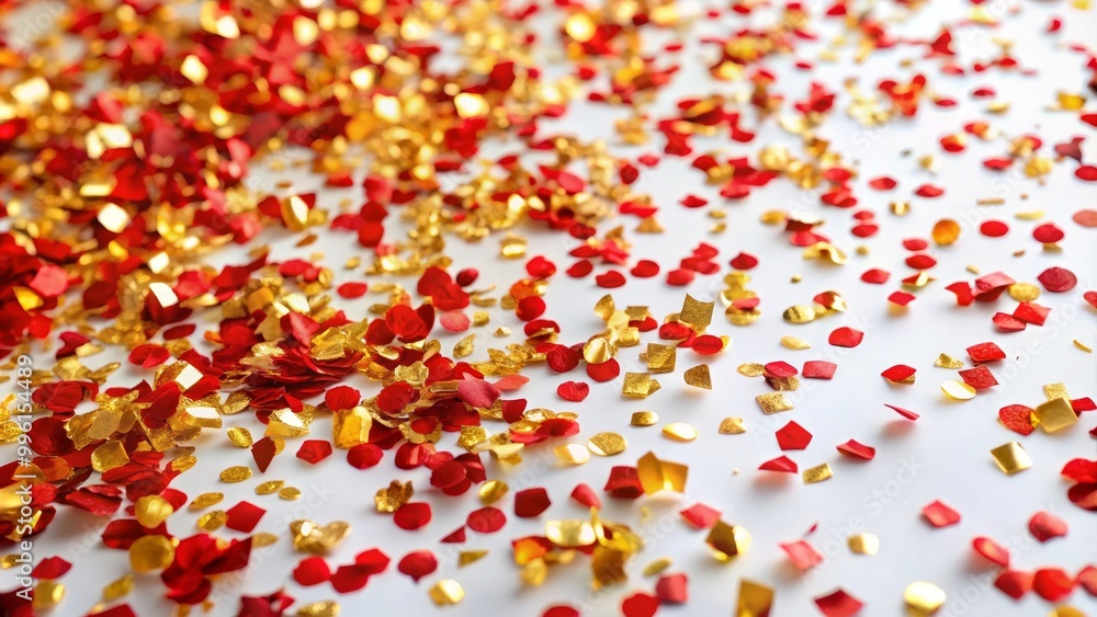 Red and gold confetti falling against a white background, creating a festive and celebratory atmosphere Red and gold confetti falling against a white background, creating a festive and celebratory atmosphere