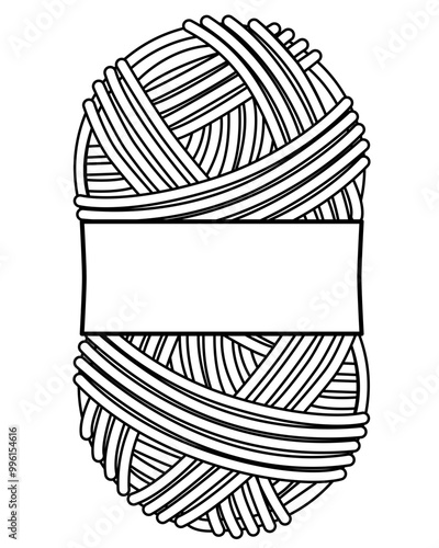 Oval skein of knitting thread with blank label - vector linear illustration for coloring. Ball of yarn with label with copy space for your logo or pictogram. Outline.	