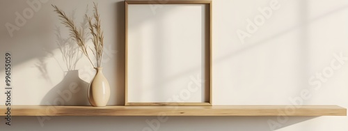 Modern minimalist style, beige wall with wooden shelves and vases on the shelves, blank poster frame above