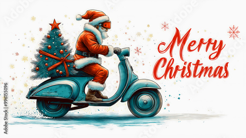 A creative Santa Claus deliveryman in a suit and helmet on a white background rushes on a motorcycle to wish Merry Christmas. photo