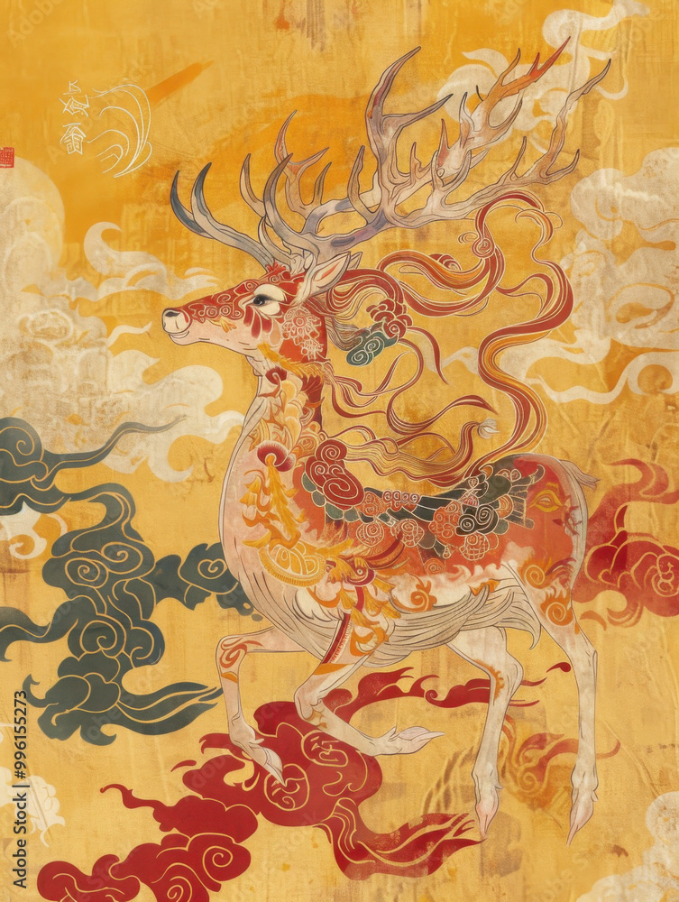 Fototapeta premium Dunhuang-Inspired Art: A Majestic Nine-Colored Deer Amidst Auspicious Clouds, Rich in China Red, Indigo, and Gold, with Ultra-Fine, High-Definition Delicacy
