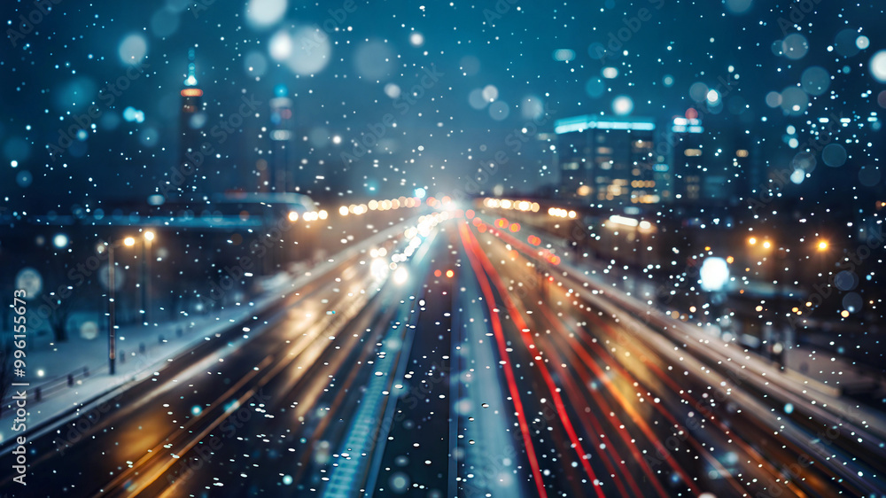 Winter night traffic in the city with snowfall and blurred lights bokeh effect Winter night traffic in the city with snowfall and blurred lights bokeh effect