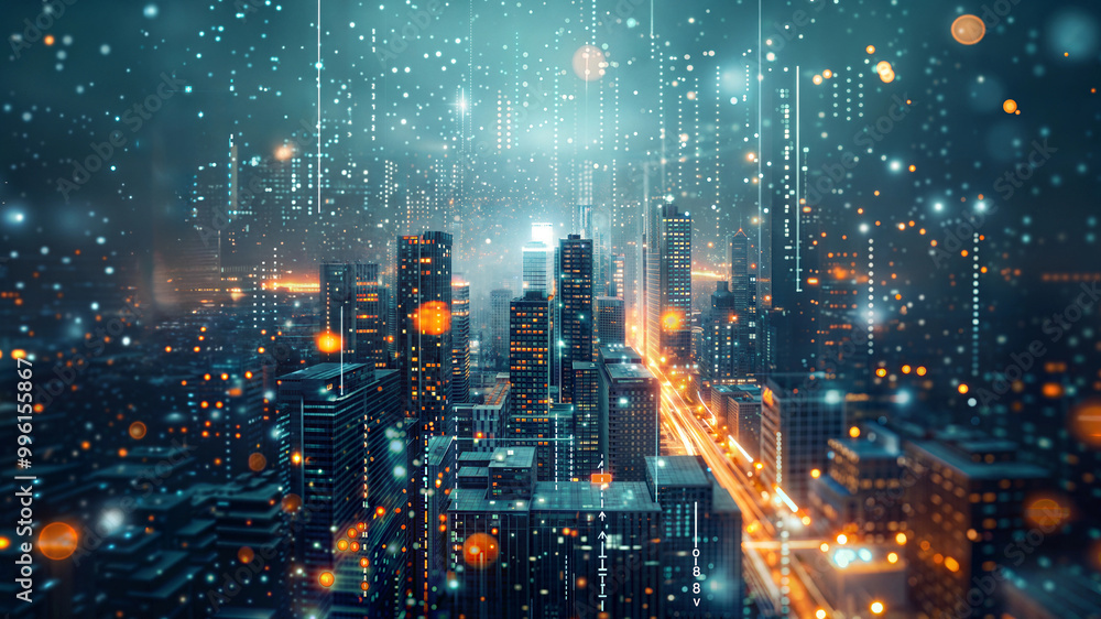Obraz premium Futuristic smart city with illuminated skyscrapers and digital network overlay at night