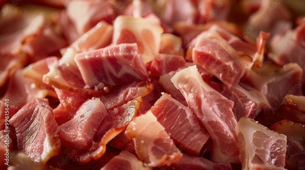 Ham jamon meat chopped background. Prosciutto in pieces for cooking Ham jamon meat chopped background. Prosciutto in pieces for cooking
