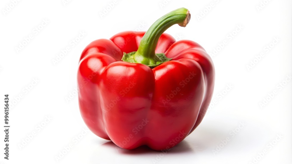 Single, ripe red bell pepper stands upright on a white background, its vibrant color and fresh appearance taking center stage Single, ripe red bell pepper stands upright on a white background, its vibrant color and fresh appearance taking center stage