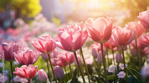 Tulip flower blooming in the garden with sunlight background.