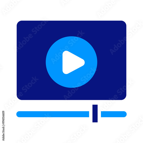 Media player icon, large blue rectangle, play button in the center, video progress bar underneath, light and dark blue color palette, simple design, representing a media player interface.