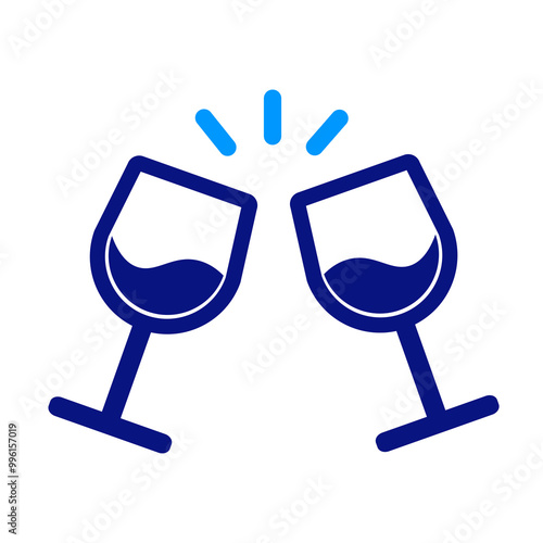 Two wine glasses clinking, symbolizes celebration or wine toasts, simple and modern design, minimal details, clear blue and white contrast, bold yet elegant visual representation.