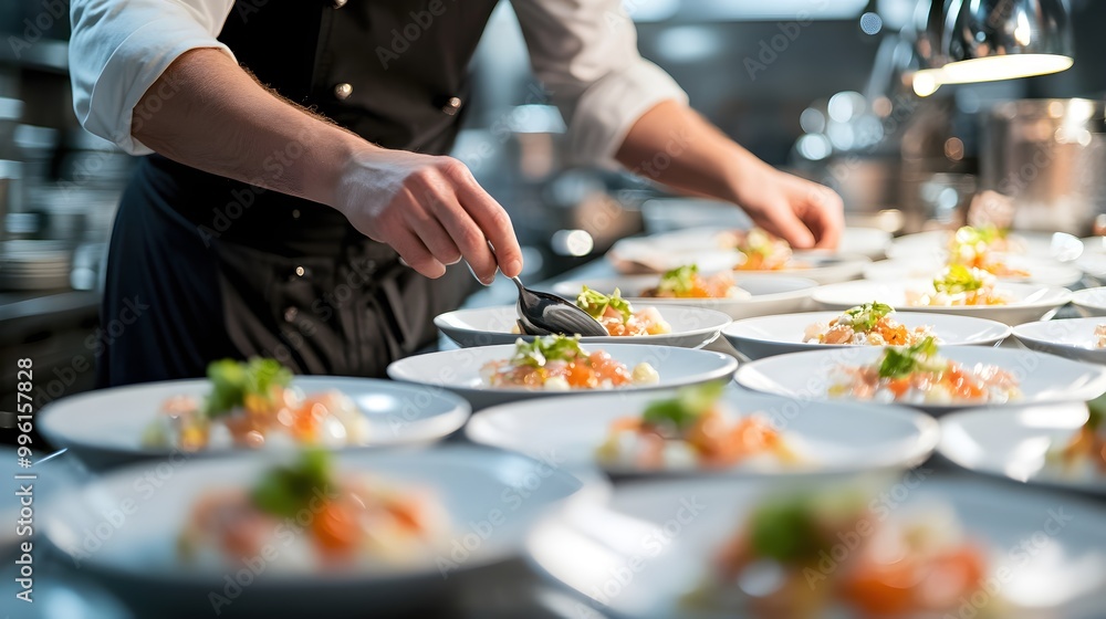 Elegant Chef Plating Fine Dining Dishes on White Plates Elegant Chef Plating Fine Dining Dishes on White Plates