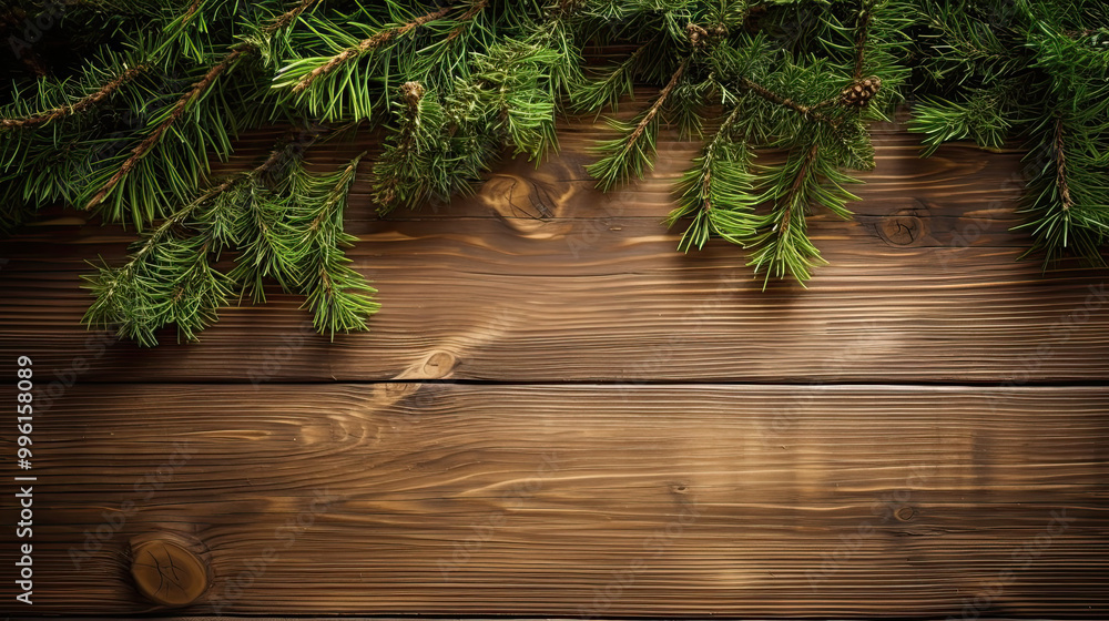 Spruce branches on a brown wood background Spruce branches on a brown wood background