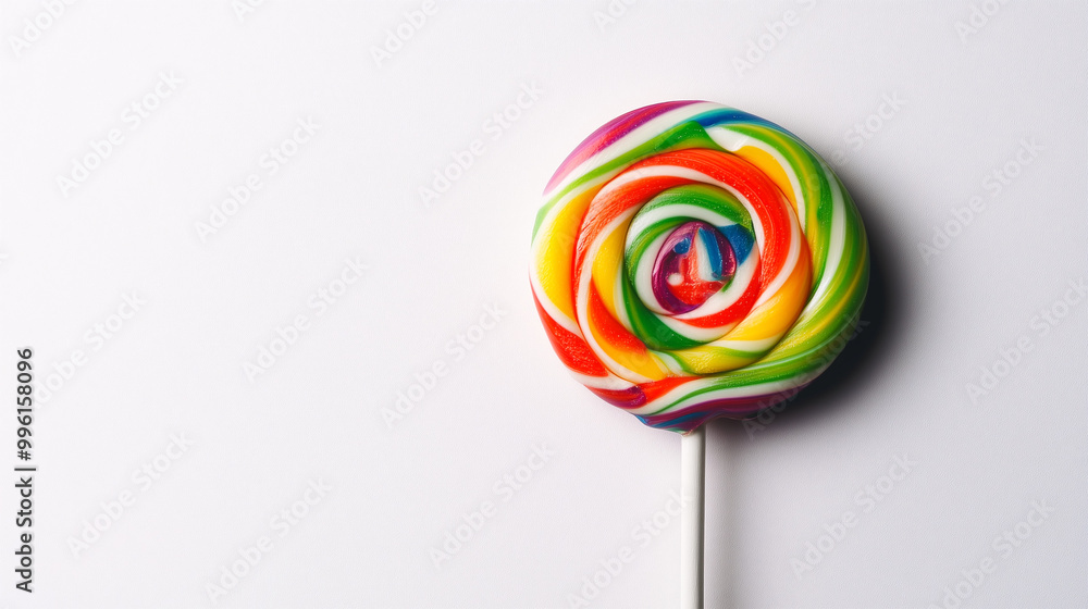 A colorful swirl lollipop placed on a clean white background. The bright colors of the candy create a contrast with the plain background A colorful swirl lollipop placed on a clean white background. The bright colors of the candy create a contrast with the plain background