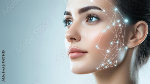 Close-up of a woman's face with futuristic led network overlay suggesting advanced skincare technology and innovation cosmetic