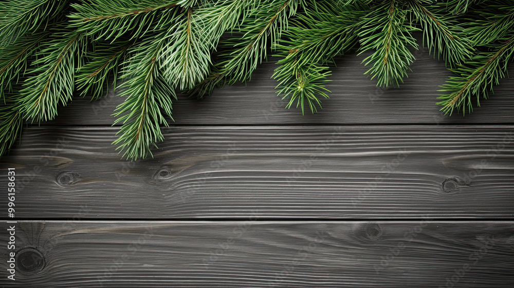 Spruce branches on a gray wood background Spruce branches on a gray wood background