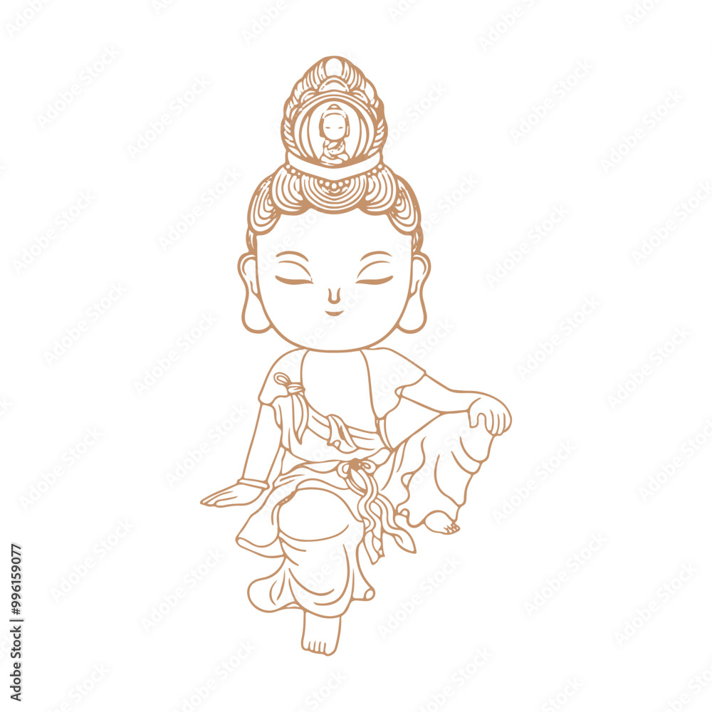 Obraz premium Buddhist Guanyin Bodhisattva moon cute illustration outline line. Translation: Cute illustration of the Buddhist Guanyin Bodhisattva.