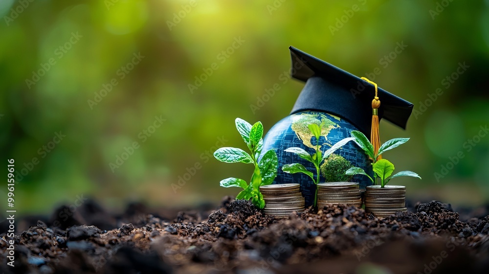 Graduation cap on a small globe with growing plants and coins symbolizing education and sustainability