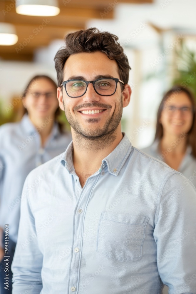 Smiling Young Man in Glasses with Colleagues in Background at Modern Office Smiling Young Man in Glasses with Colleagues in Background at Modern Office