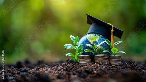 Obraz na płótnie Graduation cap on a small globe with growing plants and coins symbolizing education and sustainability w salonie