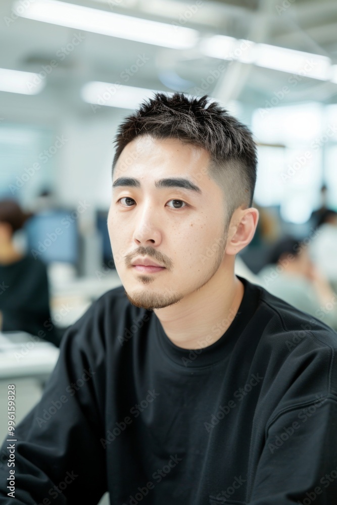 Young Asian Man with Black Shirt in Modern Office Environment Young Asian Man with Black Shirt in Modern Office Environment